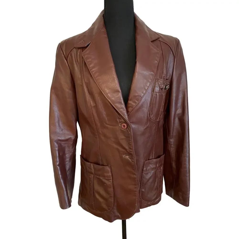 Vintage Etienne‎ Aigner Women’s Oxblood Red Leather Blazer Jacket 1970s Burgundy